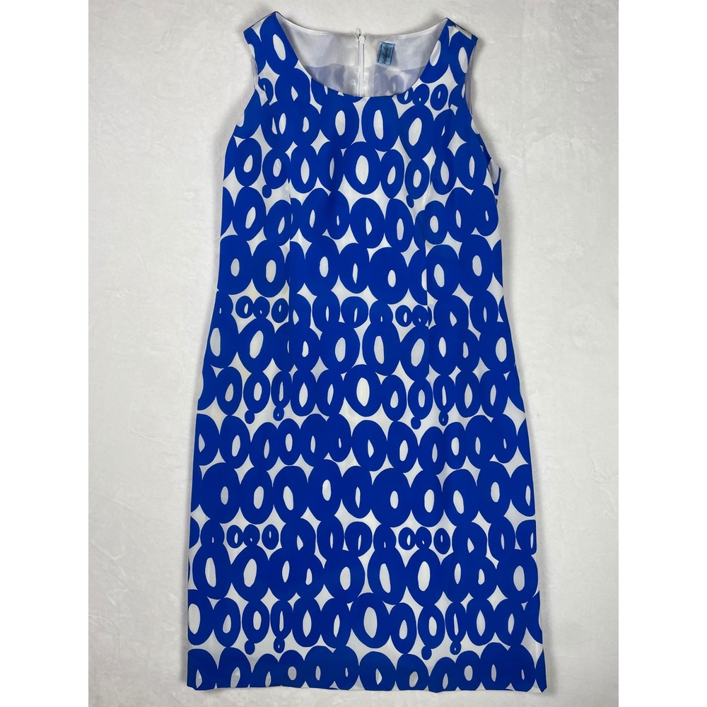 Roberto Avolio Milano Blue White Geometric Oval 100% Silk‎ Shift Dress Italy